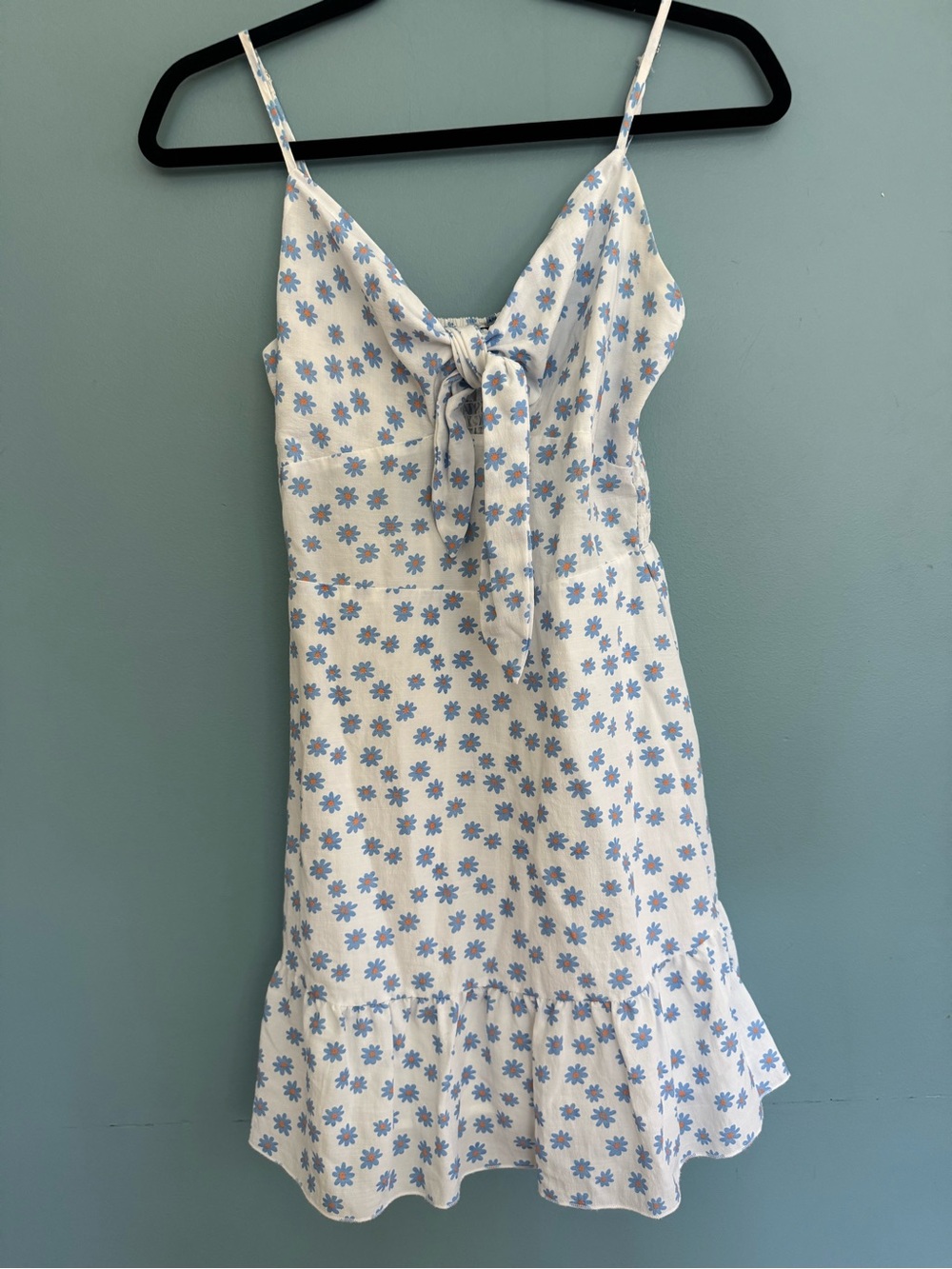 Cider White Mini Dress with Blue Daisy Print and Front Tie